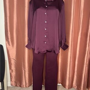 Elegant Burgundy Satin Blouse and Pants